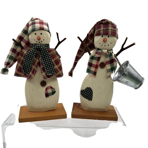 Home Interiors Rustic Wood Mr & Mrs Snowman Figurines Set Winter Decor 7" Tall - Picture 1 of 8